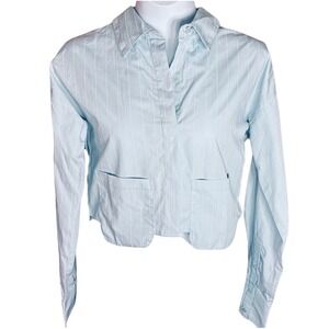 PrettyLittleThing Blue Pinstripe Cropped Button Up Shirt Long Sleeve Pockets 10